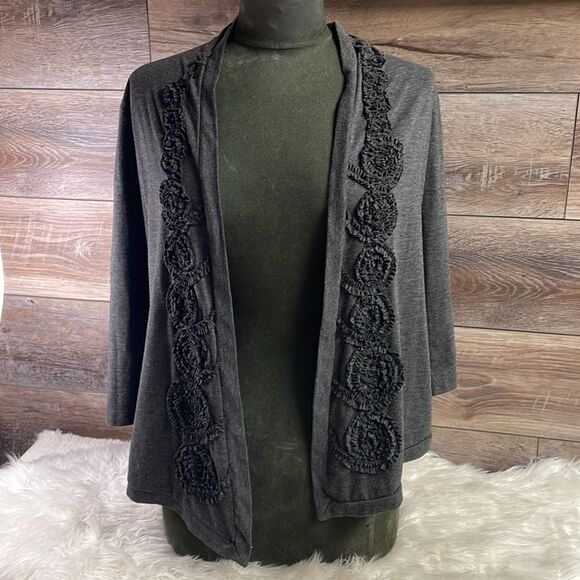 Forever Fashion Ladies Cardigan, Size Petite Small, Black with Cloth Floral Trim - Picture 1 of 5
